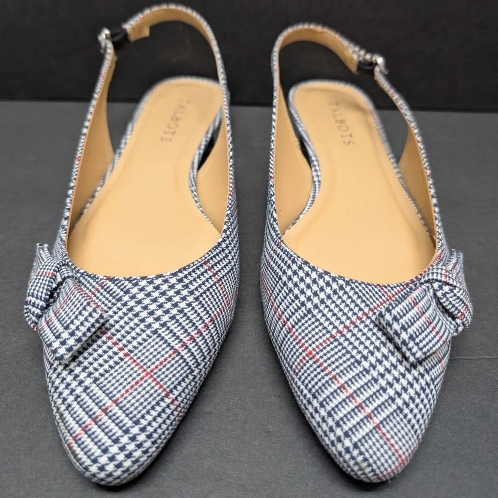 Talbots Slingback Flats Navy Red Houndstooth Bow Accent Pointed Toe Women's 8M